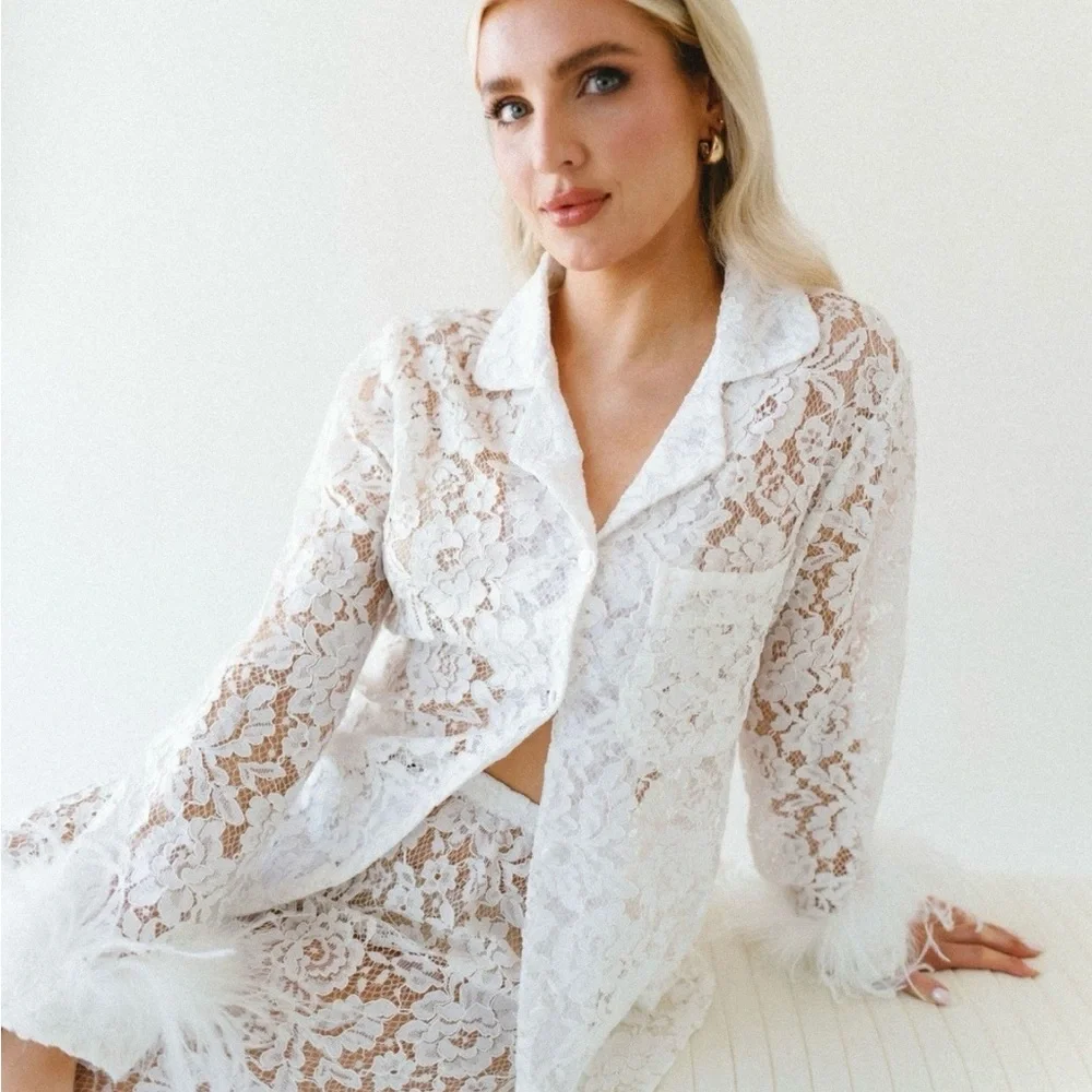 Bridal White Lace Pajama Set with Feather Trim - Picture 3 of 5